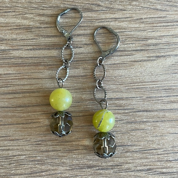Hand Crafted Jewelry - HAND CRAFTED LIGHT GREEN SERPENTINE EARRINGS with Smoky Faceted Glass Beads